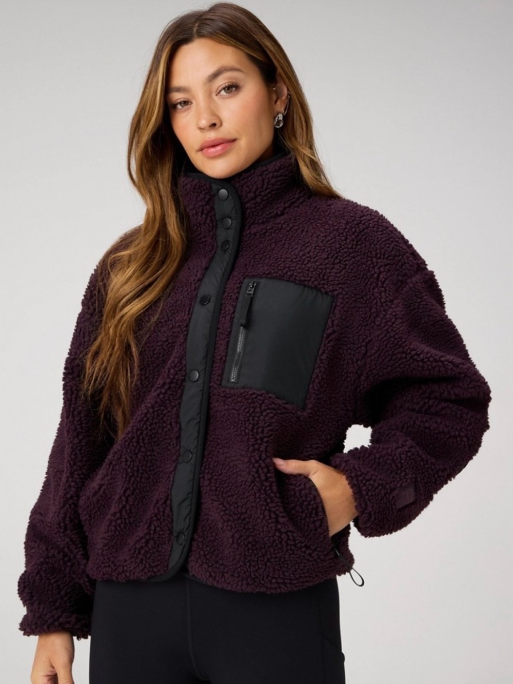 Fabletics Plush Sherpa Jacket in Deep Plum with Black Trim